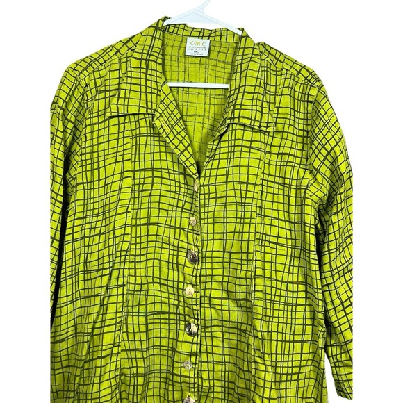CMC Color Me Cotton Women’s XL 100% Linen Button Front Shirt Lime Green Grid - Picture 2 of 10